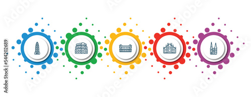 editable thin line icons with infographic template. infographic for monuments concept. included amritsar, pula arena, palais garnier, milan cathedral, chartres cathedral icons.