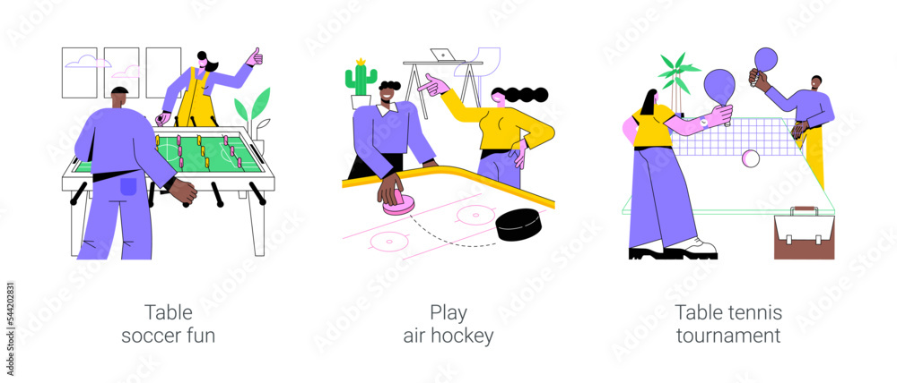 Entertainment with colleagues isolated cartoon vector illustrations set. Table soccer fun in a smart office, play air hockey, table tennis tournament at modern workplace, work break vector cartoon.