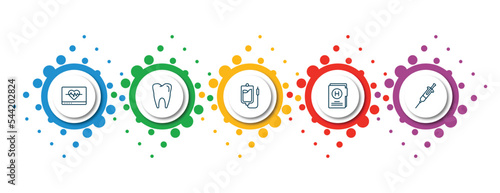 editable thin line icons with infographic template. infographic for medical concept. included heart rate monitor, molar tooth, perfusion, medical results folders, syringe with medicine icons.