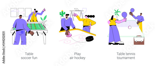 Entertainment with colleagues isolated cartoon vector illustrations set. Table soccer fun in a smart office, play air hockey, table tennis tournament at modern workplace, work break vector cartoon.