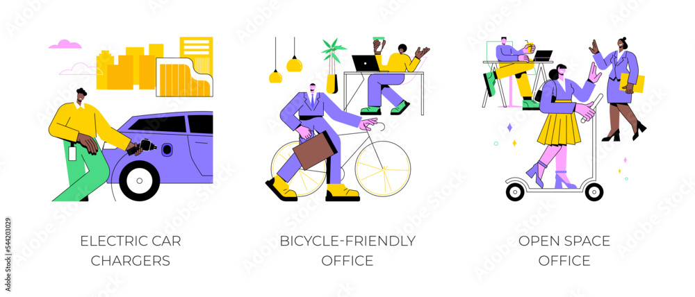 Fototapeta premium Office transportation isolated cartoon vector illustrations set. Electric car chargers near smart office, bicycle-friendly workspace, riding an electric scooter at modern workplace vector cartoon.