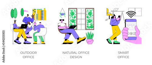 Modern workplace isolated cartoon vector illustrations set. Diverse colleagues working in outdoor office, natural office design and eco materials, smart workplace technology vector cartoon.
