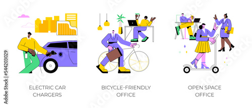 Office transportation isolated cartoon vector illustrations set. Electric car chargers near smart office, bicycle-friendly workspace, riding an electric scooter at modern workplace vector cartoon.