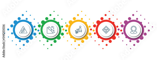 editable thin line icons with infographic template. infographic for maps and flags concept. included right reverse curve, rock landslide safety, use dust bin, t road intersection, location mark