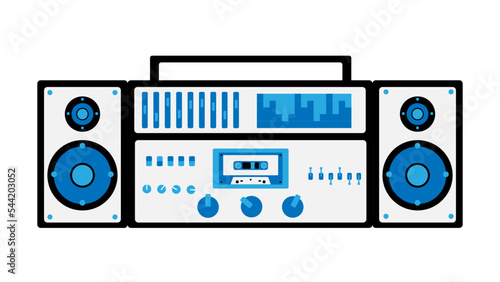 Old retro white vintage music cassette tape recorder with magnetic tape on reels and speakers from the 70s, 80s, 90s. Beautiful icon. Isolated on vhite background. Vector illustration
