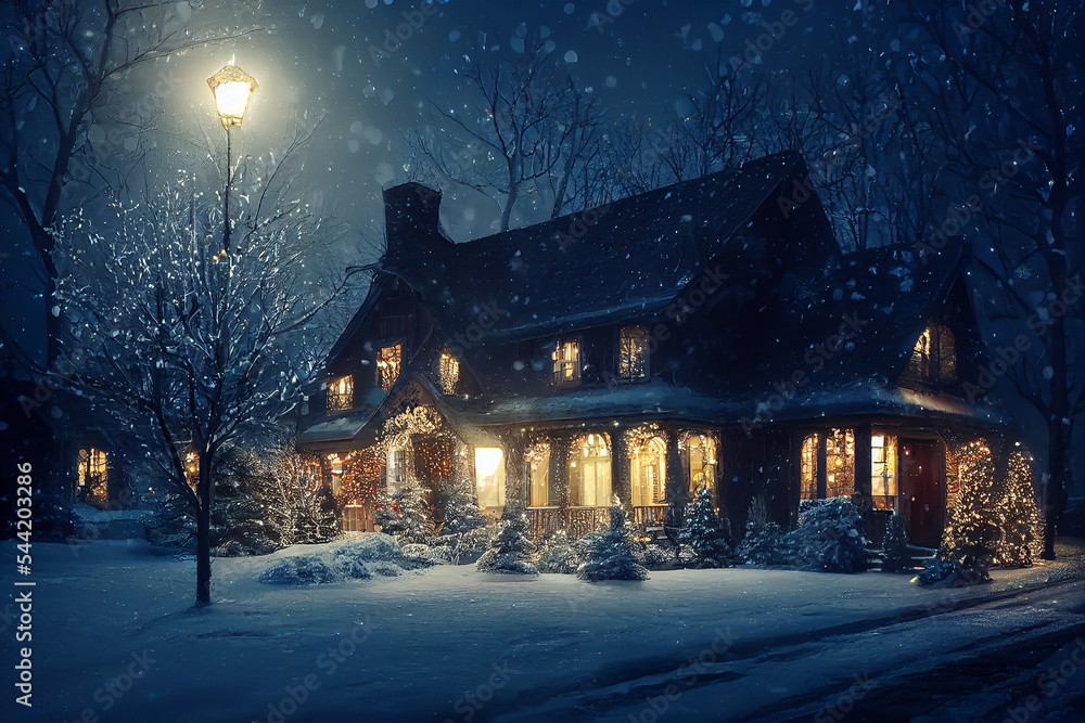 Obraz premium festive house with Christmas decorations in winter