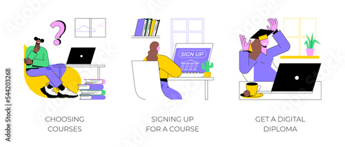Distance education isolated cartoon vector illustrations set. Choosing online course, signing up for a distance learning, get a digital diploma, online degree certificate, enrollment vector cartoon.
