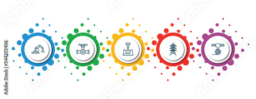 editable thin line icons with infographic template. infographic for industry concept. included robotic arm,, pipes, crusher, power tower, uncoiler icons.