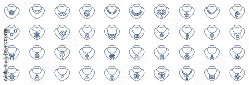 Collection of icons related to Necklace and jewelry, including icons like Sun, Fish, Bird, Dolphin and more. vector illustrations, Pixel Perfect set
