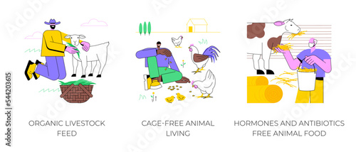Organic livestock farming isolated cartoon vector illustrations set. Organic livestock feed, cage-free animal living, hormones and antibiotics free animal food, poultry farm vector cartoon.