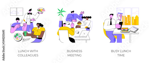 Business lunch isolated cartoon vector illustrations set. Smiling diverse colleagues having lunch in cafe, business meeting at restaurant, busy man working at the table, eating out vector cartoon.