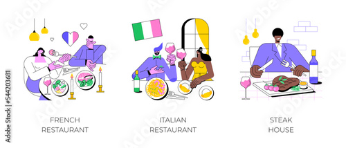 Dinner out isolated cartoon vector illustrations set. Happy couple eating out in french restaurant, gourmet food menu, traditional Italian cuisine, man having dinner in steak house vector cartoon.