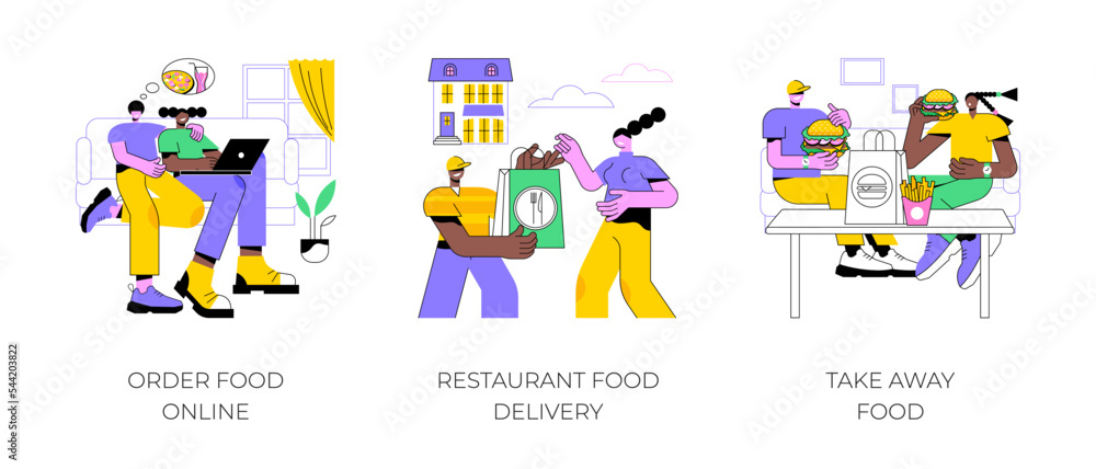 Buying food online isolated cartoon vector illustrations set. People order food on website with laptop, restaurant delivery service with courier, eating take away meal at home, vector cartoon.