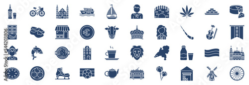 Photo Collection of icons related to Netherland, including icons like Beer, Bicycle, Canal, Boat and more
