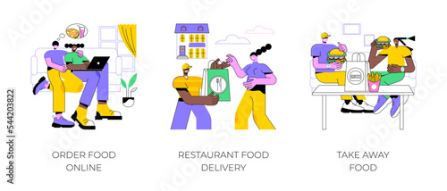 Buying food online isolated cartoon vector illustrations set. People order food on website with laptop, restaurant delivery service with courier, eating take away meal at home, vector cartoon.