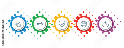 editable thin line icons with infographic template. infographic for health and medical concept. included sphygmomanometer, chest expander, beat, defibrillator, lung icons.