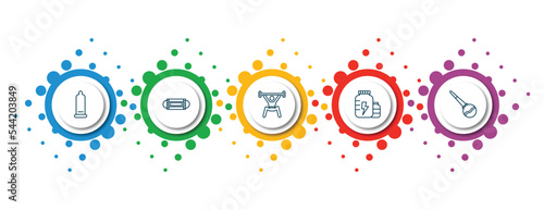 editable thin line icons with infographic template. infographic for health and medical concept. included condom, medical mask, weightlifting, proteins, enema icons.