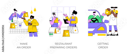 Curbside pickup at a restaurant isolated cartoon vector illustrations set. Making order at a restaurant outdoor, worker pack food in bags, prepare takeway meal, take out service vector cartoon.