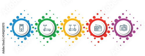 editable thin line icons with infographic template. infographic for hardware concept. included system unit, hardware hotspot, modem with two antenna, fm radio, big camera icons.