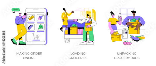 Curbside pickup at a grocery store isolated cartoon vector illustrations set. Making order online, buying food, worker put groceries into customers car, unpacking bags with purchases vector cartoon.
