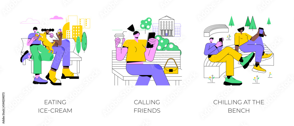 Leisure time in city park isolated cartoon vector illustrations set. Eating ice-cream, talking to friends online, chilling at the bench, walking with a dog, family weekend vector cartoon.
