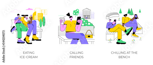 Leisure time in city park isolated cartoon vector illustrations set. Eating ice-cream, talking to friends online, chilling at the bench, walking with a dog, family weekend vector cartoon.