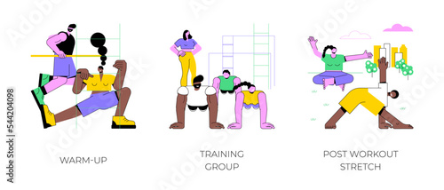 Training process isolated cartoon vector illustrations set. Warm-up before training, group workout with a fitness instructor, post workout stretch, athletic people active lifestyle vector cartoon.