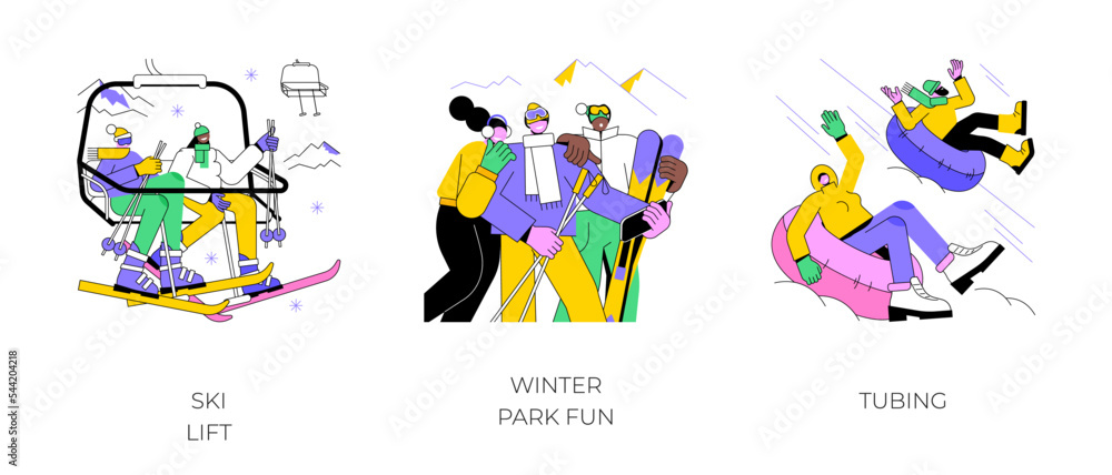 Winter park isolated cartoon vector illustrations set. Smiling people at the ski lift, diverse friends take selfie outdoors, winter holidays, extreme sport, riding tubing, having fun vector cartoon.