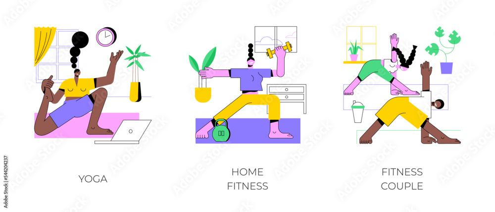 Home workout isolated cartoon vector illustrations set. Sporty woman practice yoga, online training plan, watch exercise using laptop, fitness couple doing home workout, lifestyle vector cartoon.
