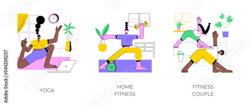 Home workout isolated cartoon vector illustrations set. Sporty woman practice yoga, online training plan, watch exercise using laptop, fitness couple doing home workout, lifestyle vector cartoon.