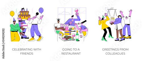 Birthday party isolated cartoon vector illustrations set. Celebrating with friends, diverse people have fun at home party, special occasion in restaurant, greetings from colleagues vector cartoon.