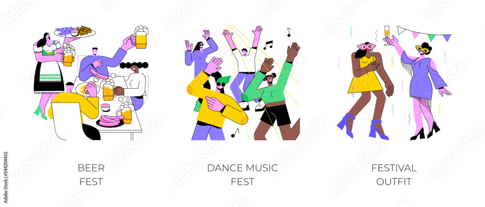 Festival trip isolated cartoon vector illustrations set. Diverse friends drink together at beer fest, having fun together, young people dance at music event, girls in party outfit vector cartoon.
