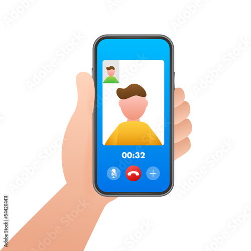 Incoming video call on laptop. Laptop with incoming call, man profile picture and accept decline buttons. Vector stock illustration.