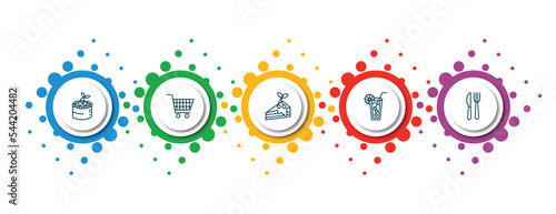 editable thin line icons with infographic template. infographic for food concept. included fruit cake, cart graphic, cake graphic, cold drink, knife and fork icons.