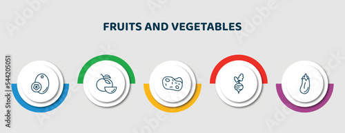 editable thin line icons with infographic template. infographic for fruits and vegetables concept. included breast milk fruit, tangerine, potato, beetroot, eggplant icons.