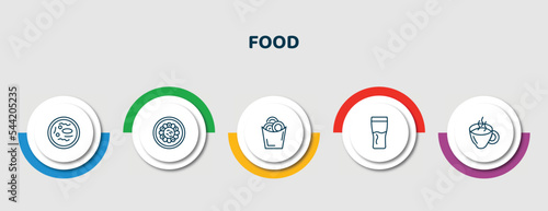 editable thin line icons with infographic template. infographic for food concept. included zha jiang mian, fuqi feipian, onion rings, pint, warm black mug icons.