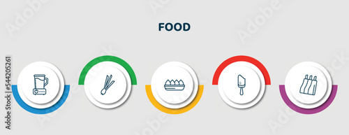 editable thin line icons with infographic template. infographic for food concept. included blend, chives, fried tofu curd balls, bitten ice cream, ribs icons.