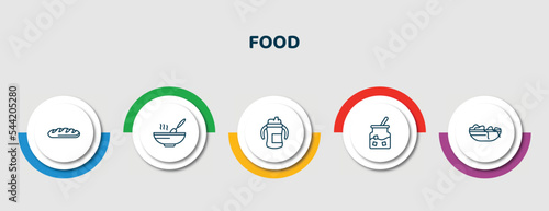 editable thin line icons with infographic template. infographic for food concept. included french bread, stew, sippy cup, sugar container, worms icons.