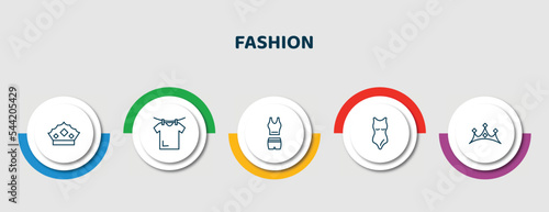 editable thin line icons with infographic template. infographic for fashion concept. included monarchy, drying, women tracksuit, swimwear, diadem icons.