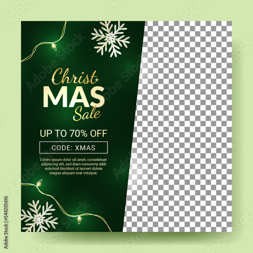 christmas social media banner design with green decoration and glowing snowflakes
