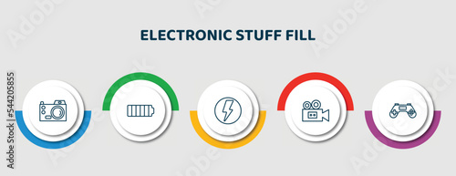 editable thin line icons with infographic template. infographic for electronic stuff fill concept. included digital camera, full battery, flash, old video camera, joypad icons.