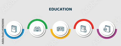 editable thin line icons with infographic template. infographic for education concept. included book of black cover, opened, digital timer, download book, muted book icons.