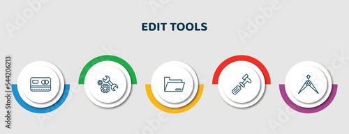editable thin line icons with infographic template. infographic for edit tools concept. included blue card, repair tools, folders, cobbler, calipers icons.