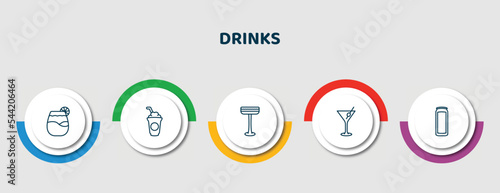 editable thin line icons with infographic template. infographic for drinks concept. included pisco sour, frappuccino, irish sour, martini, energy drink icons.