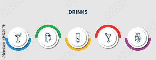 editable thin line icons with infographic template. infographic for drinks concept. included flirtini, beer mug, soda can, margarita, tom collins icons.