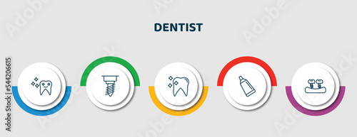 editable thin line icons with infographic template. infographic for dentist concept. included shiny tooth, implant fixture, tooth whitening, toothpaste tube, fake tooth icons.