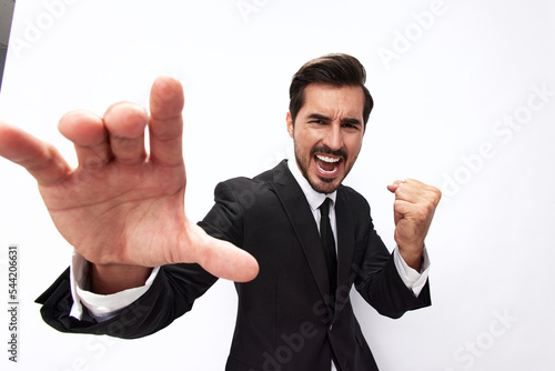 Fotografi Portrait of a man in an expensive business suit close-up wide-angle lens pulling