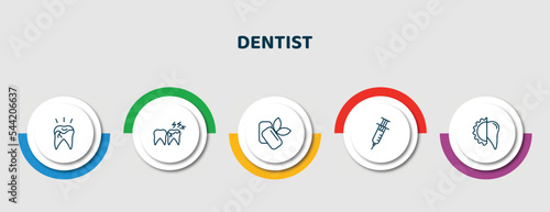 editable thin line icons with infographic template. infographic for dentist concept. included broken tooth, toothache, mint gum, empty syringe, apicoectomy icons.