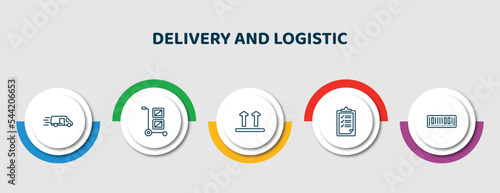 editable thin line icons with infographic template. infographic for delivery and logistic concept. included delivery by car, cargo, side up, clipboard, barcode icons.