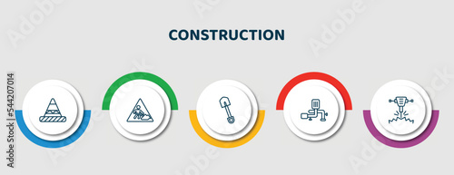 editable thin line icons with infographic template. infographic for construction concept. included road stopper, working, short shovel, adjustment system, hydraulic breaker icons.